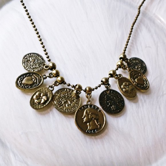 Baroque Vintage Jewelry - Vintage Coins Dark Gold Tone Long BOHO Necklace